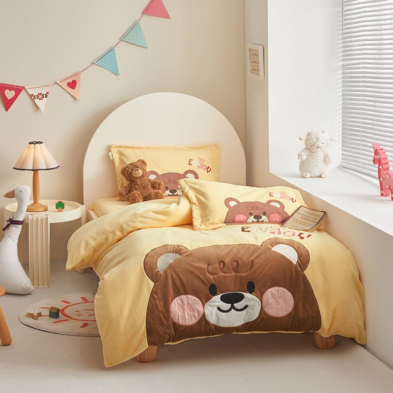 Cute Flannel Kids Duvet Cover Set Bear