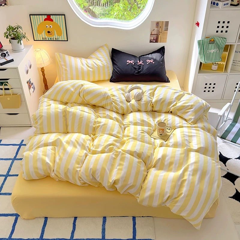 Pink Striped Cotton Bedding Set Yellow