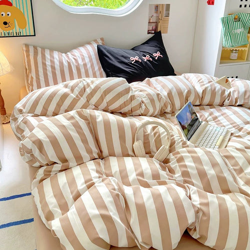 Beige Striped Cotton Bedding Set