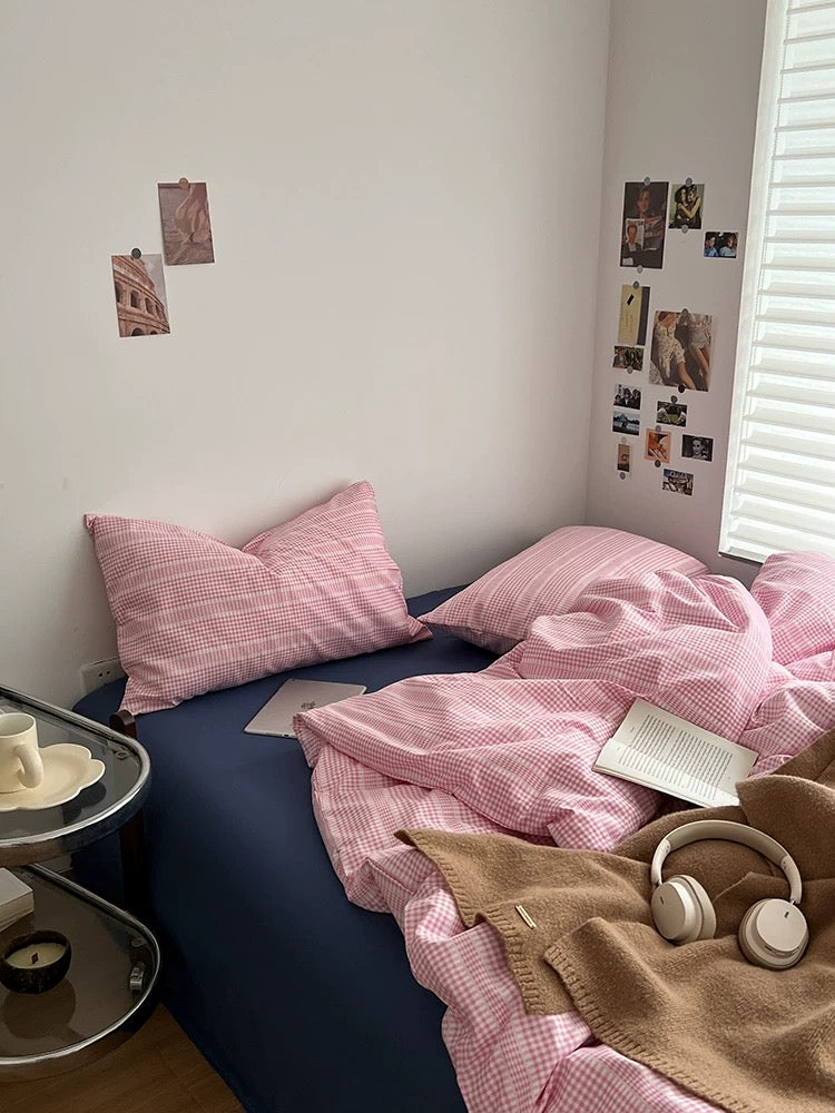 Pink Gingham Aesthetic Duvet Cover Set
