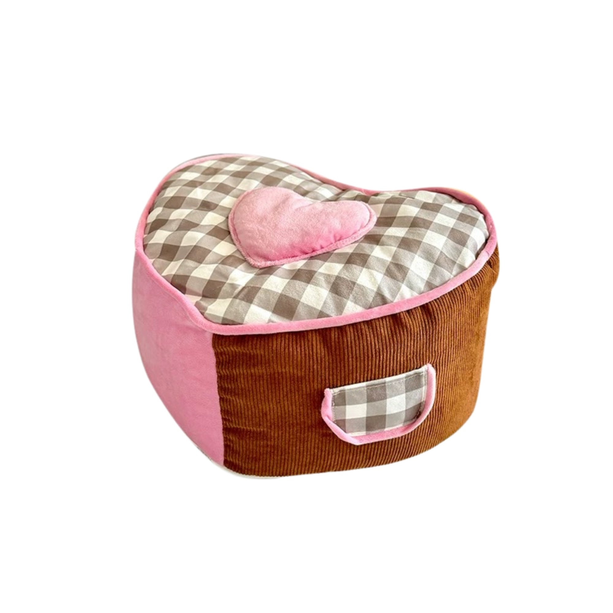 Cozy Plaid Heart Pouf Cushion Brown