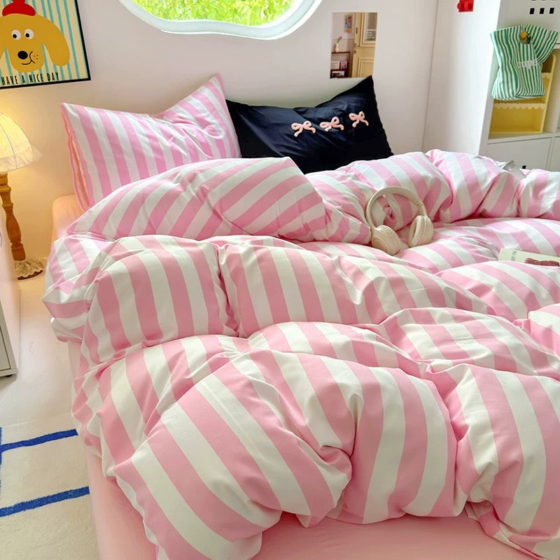 Pink Striped Cotton Bedding Set