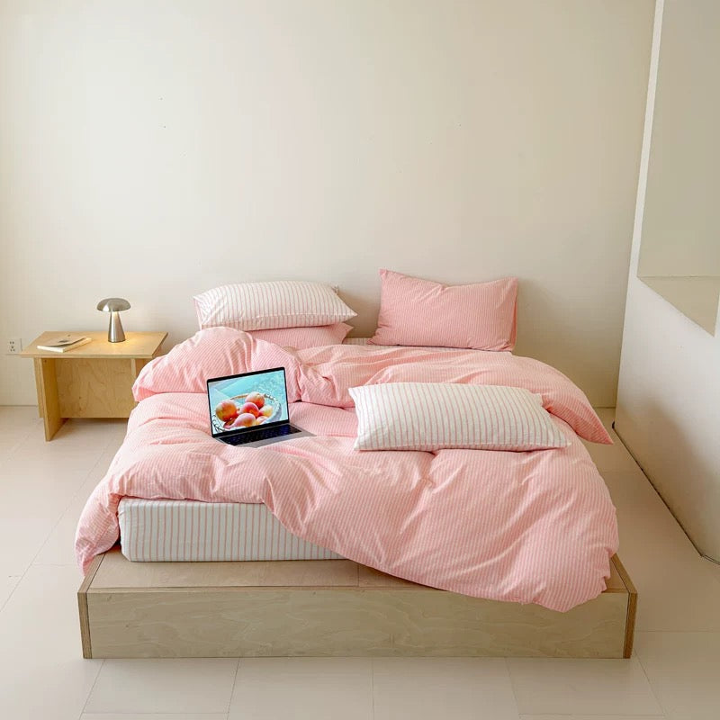 Soft Pink Striped Cotton Duvet Cover Set
