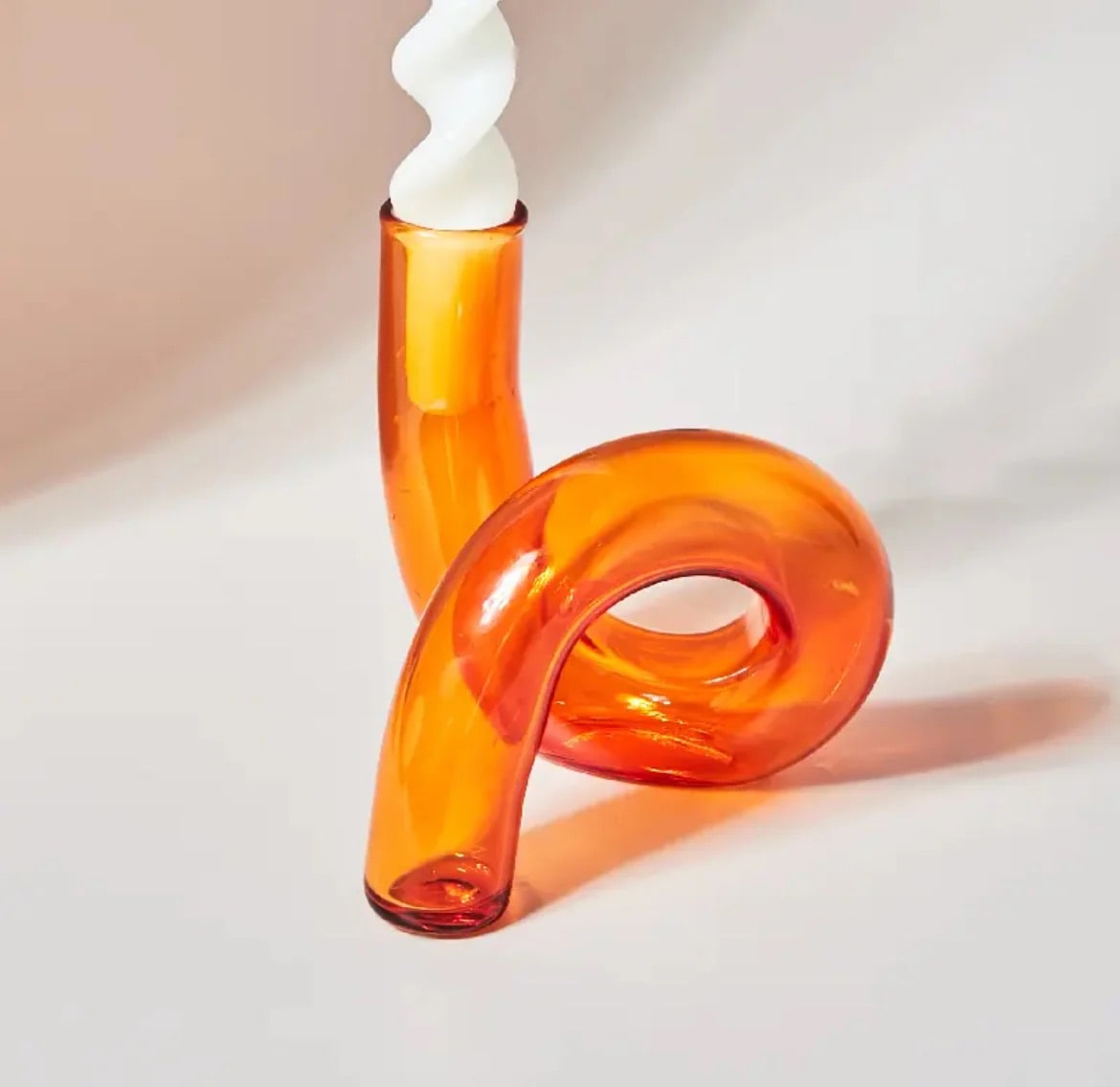 Twist Glass Candlestick Holder Orange