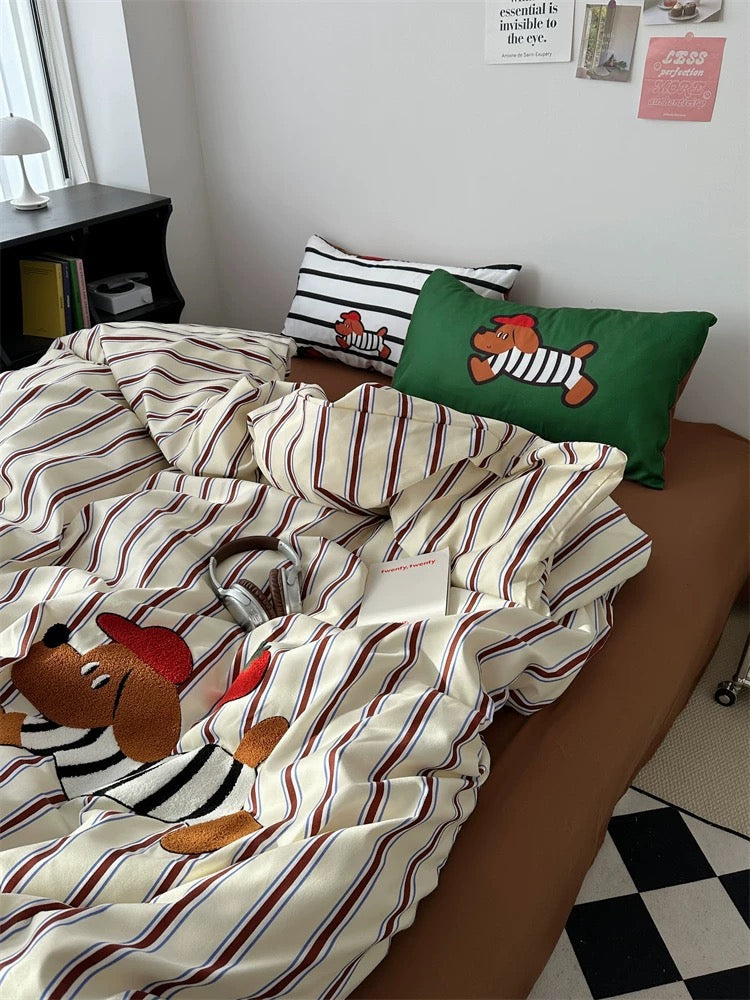 Cartoon Puppy Embroidered Bedding Set Brown