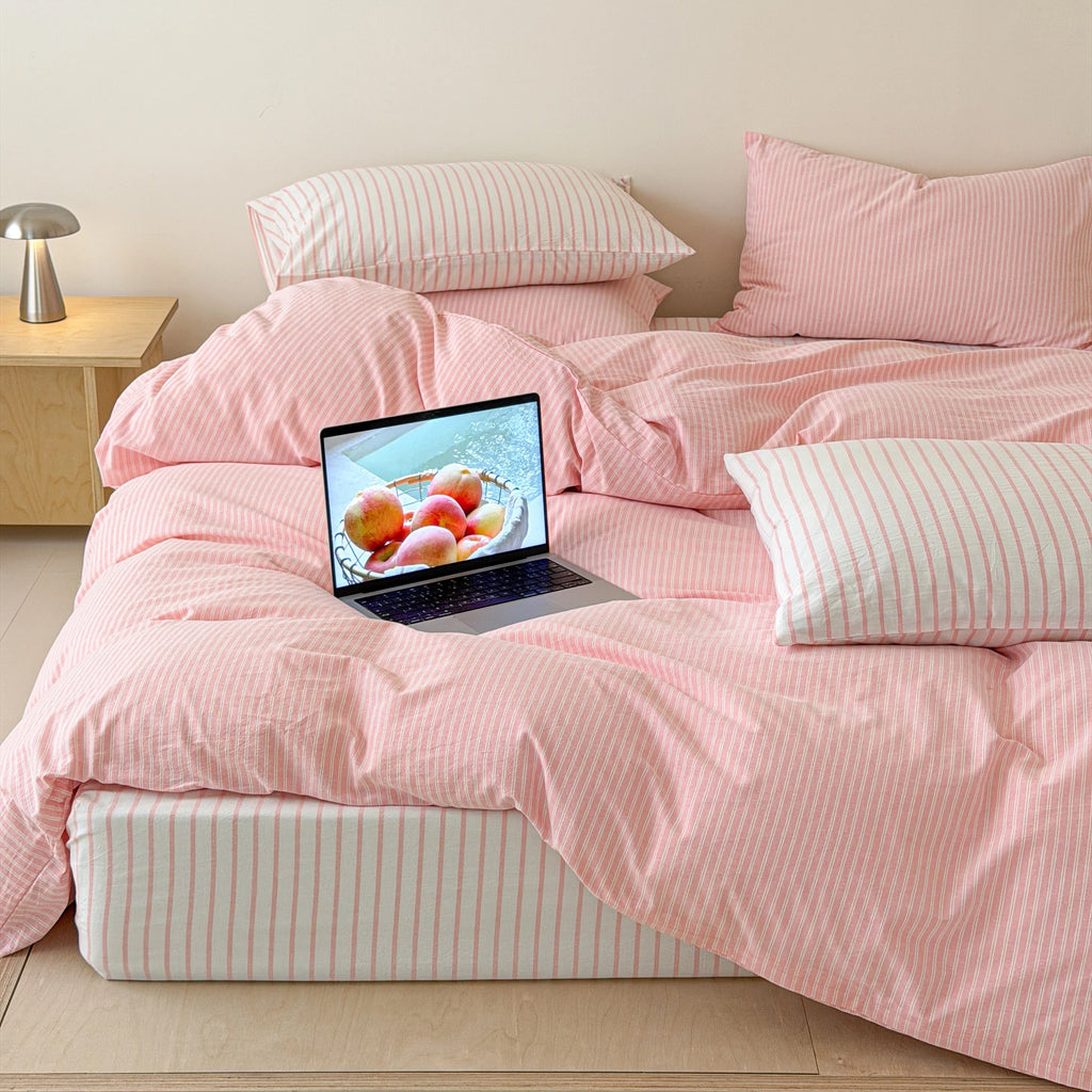 Soft Pink Striped Cotton Duvet Cover Set