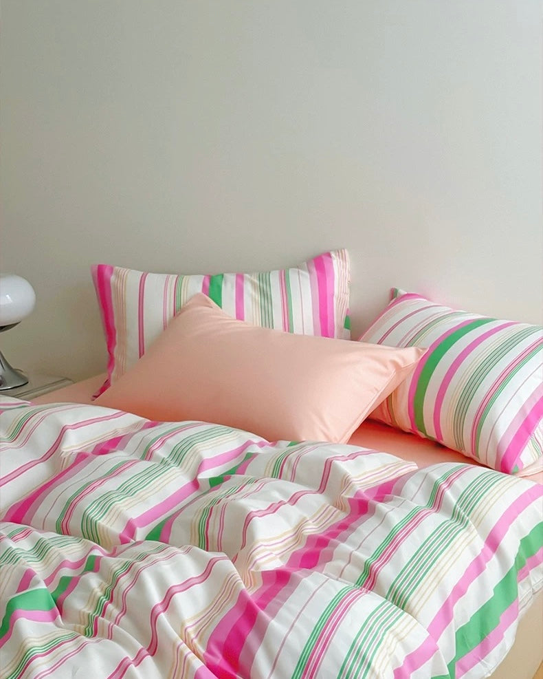 Pastel Rainbow Striped Cotton Duvet Cover Set