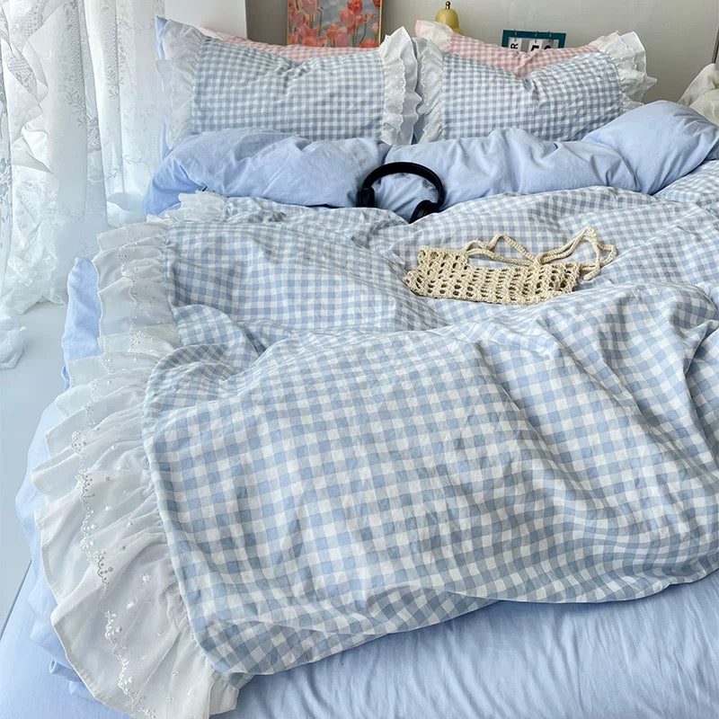 Gingham Lace Ruffle Bedding Set Blue