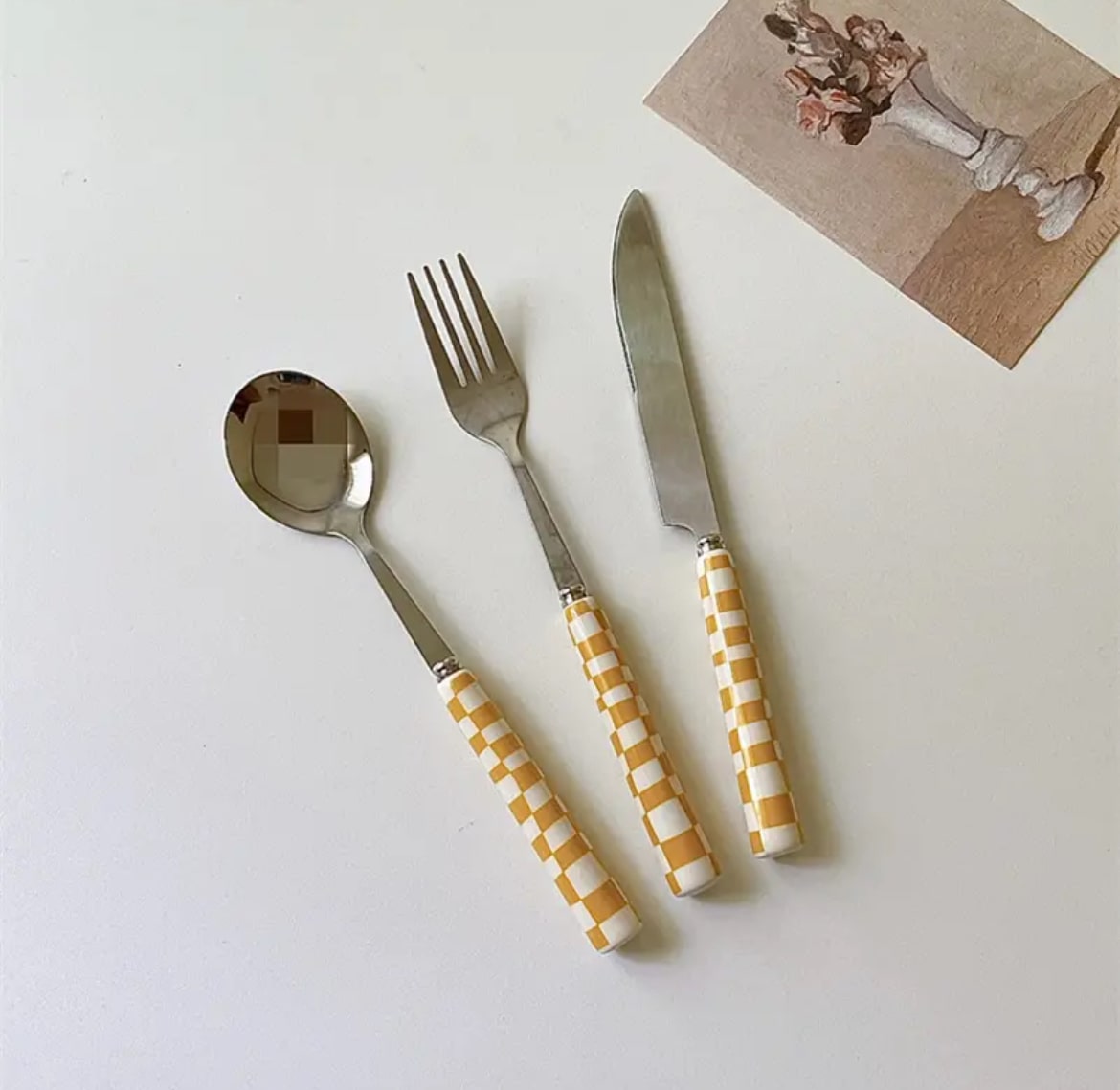 Retro Checkerboard Cutlery Set Yellow