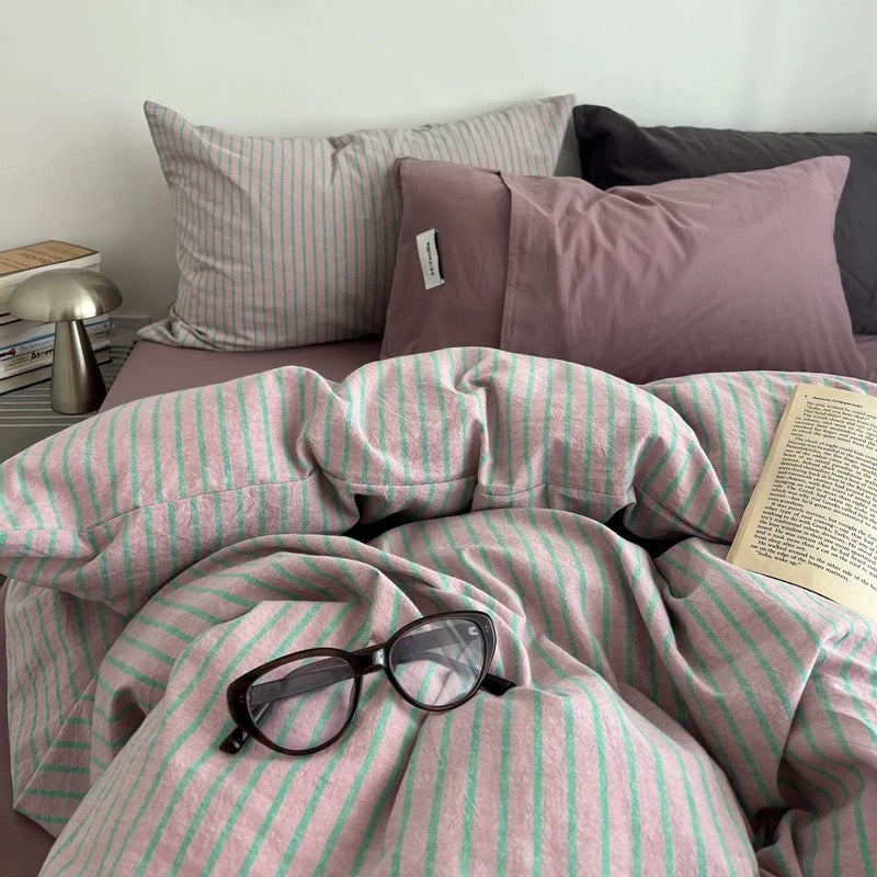 Purple Striped Cotton Duvet Cover Set