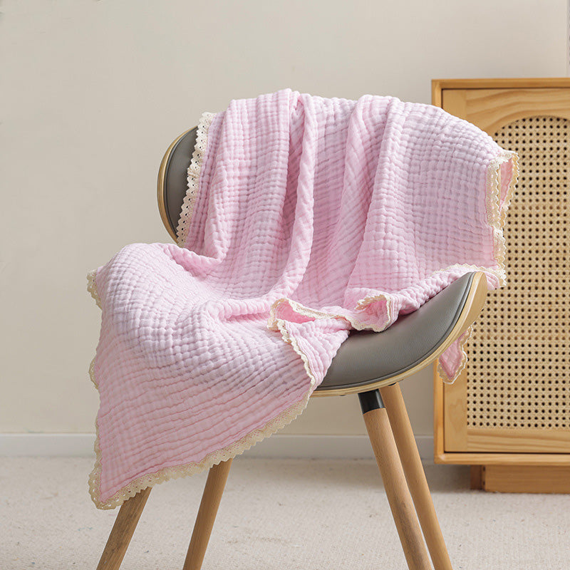 6-Layer Muslin Baby Blanket with Lace Trim Pink