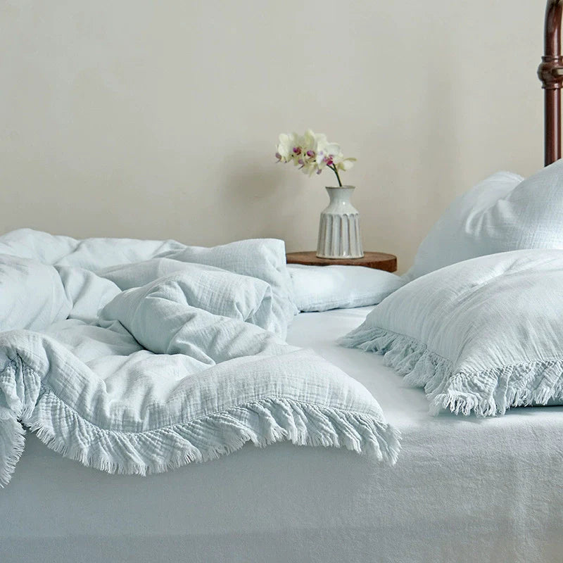 Fringe Duvet Cover Set – Cotton Gauze Bedding Blue