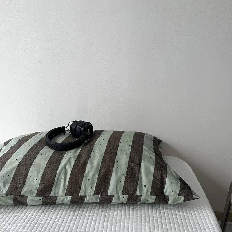 Retro Striped Cotton Pillowcase Green Brown Stripe