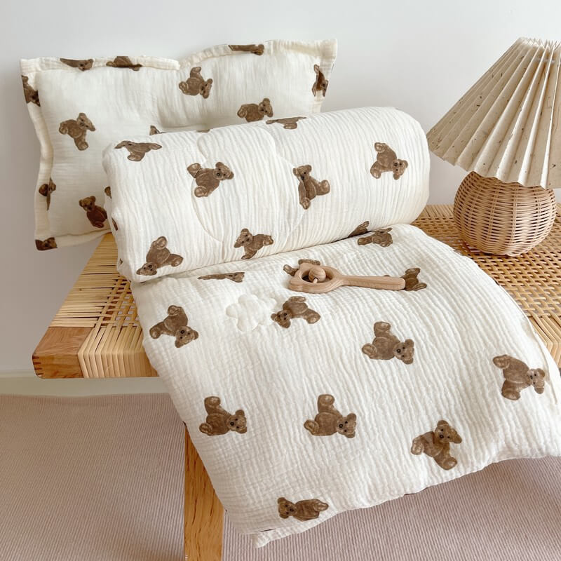 Teddy Bear Baby Quilt – Soft Cotton Gauze Nursery Bedding