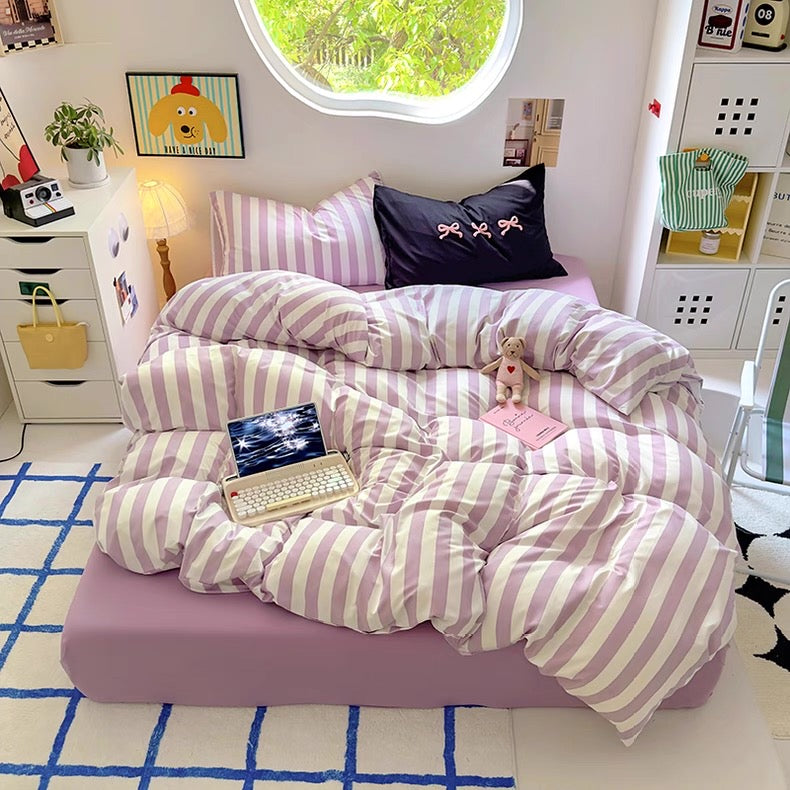 Purple Striped Cotton Bedding Set
