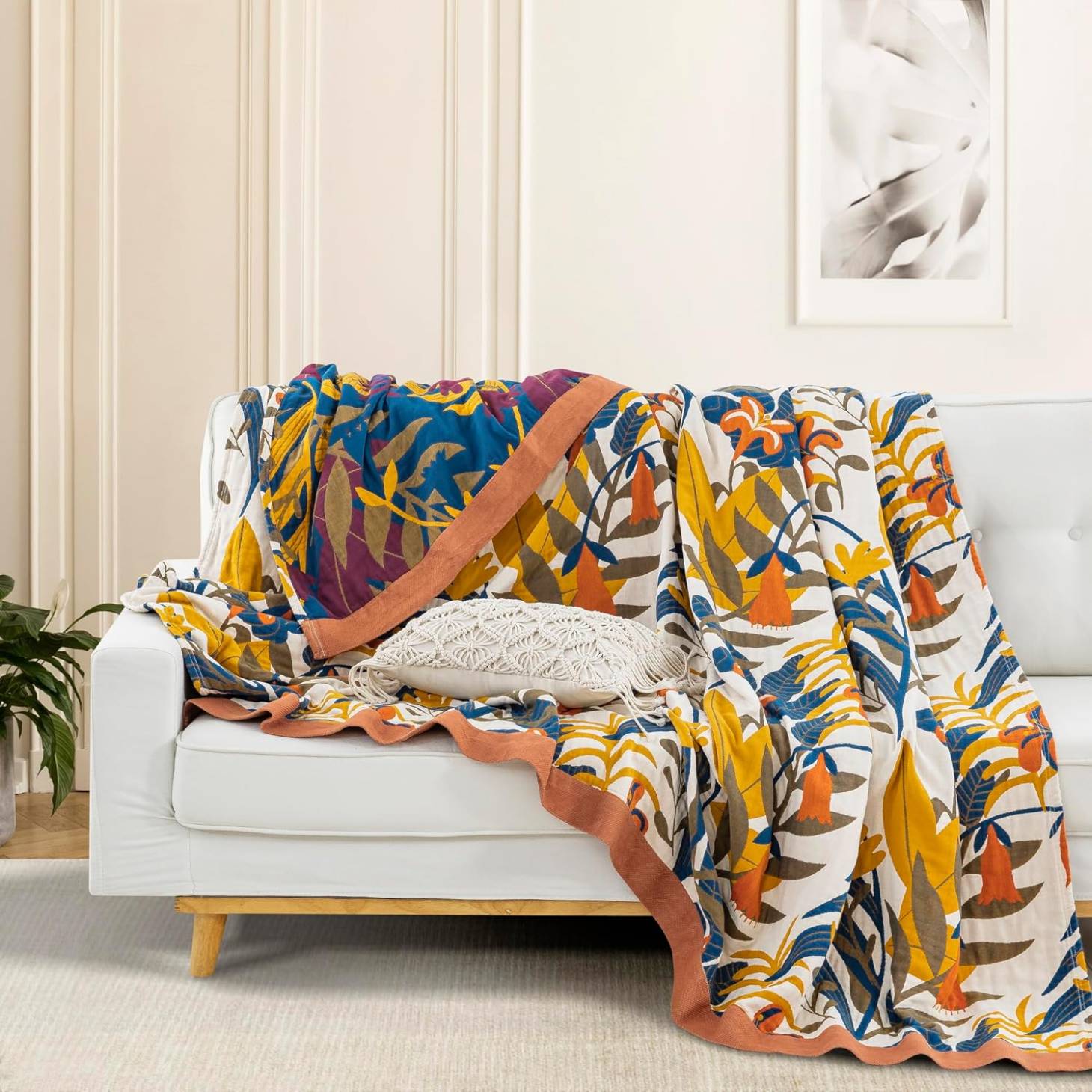 Cotton Throw Blanket - Amber & Indigo Design