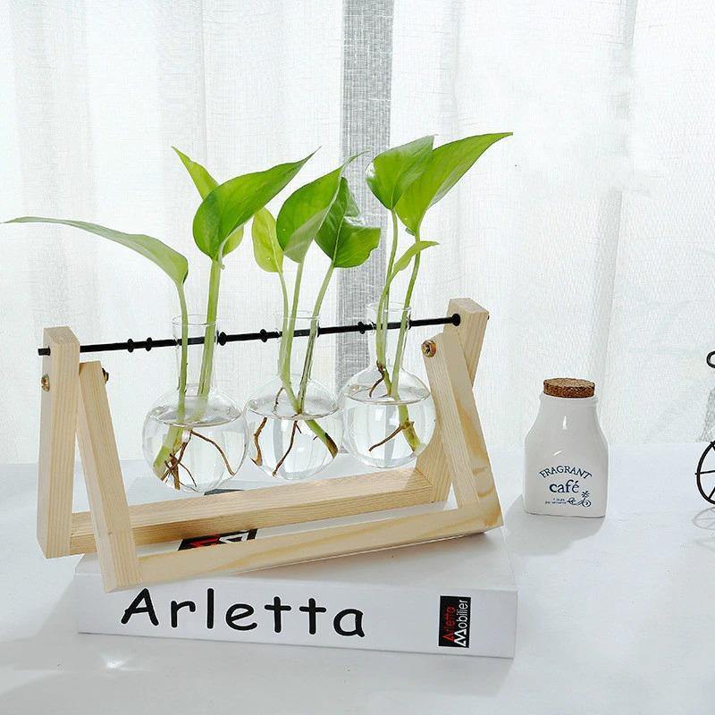 Glass Propagation Vase with A-Frame Wood Stand Tan Triple