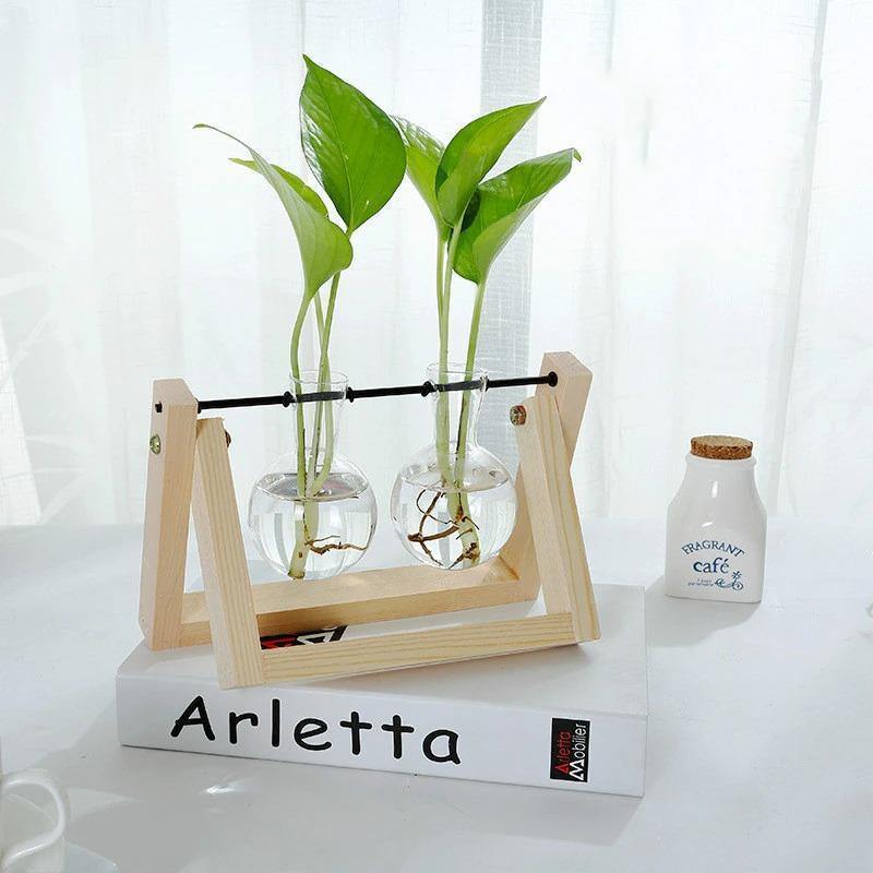 Glass Propagation Vase with A-Frame Wood Stand Tan Double