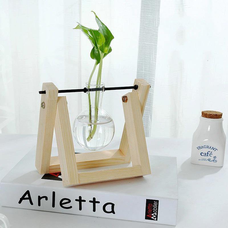 Glass Propagation Vase with A-Frame Wood Stand Tan Single