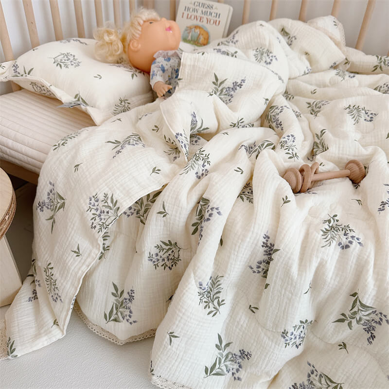 Botanical Vine Toddler Comforter – Cotton Muslin with Lace Trim