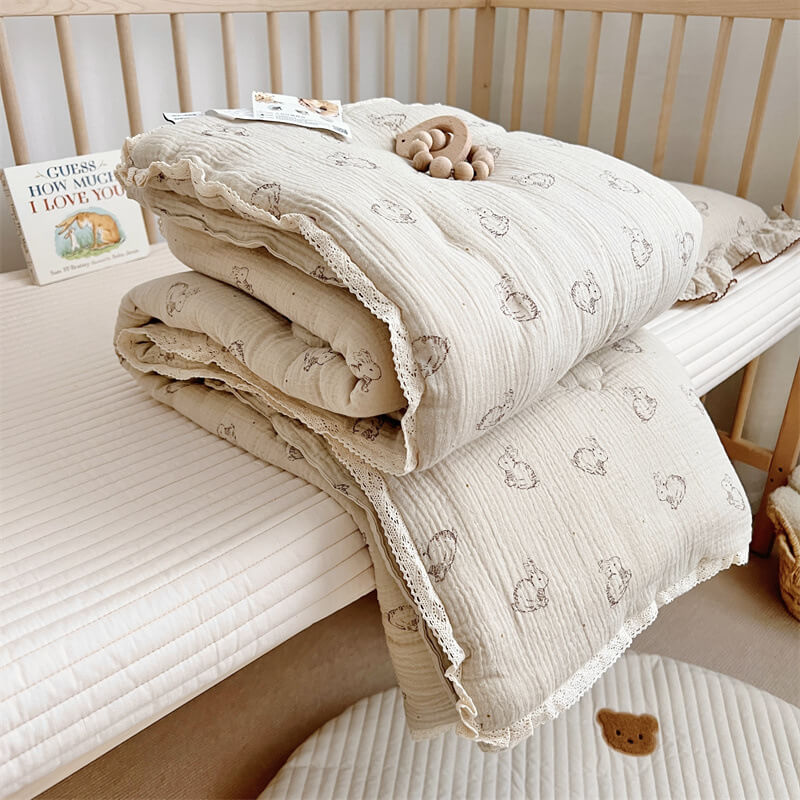 Bunny Toddler Bed Quilt – Cotton Gauze with Lace Trim