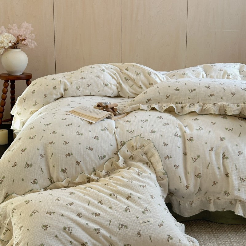 Bunny Print Duvet Cover Set – Ruffled Cotton Muslin