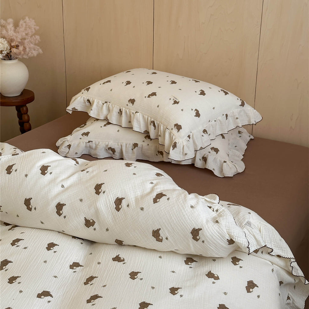 Bear Print Cotton Muslin Bedding Set – Ruffled Edges