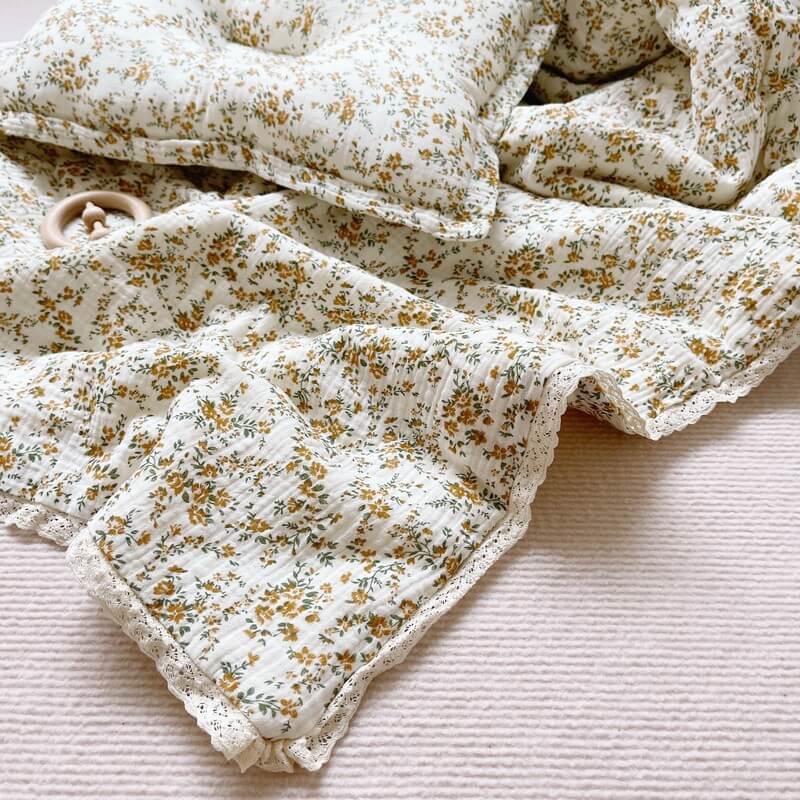 Mustard Floral Kids Comforter – Cotton Muslin with Lace Trim