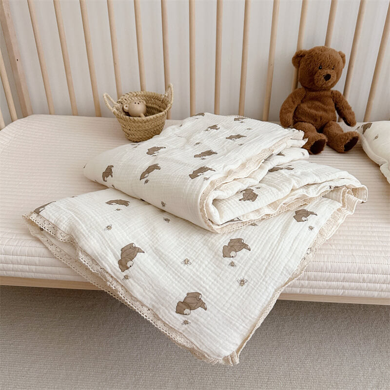 Honey Bear Toddler Comforter – Cotton Muslin with Lace Trim
