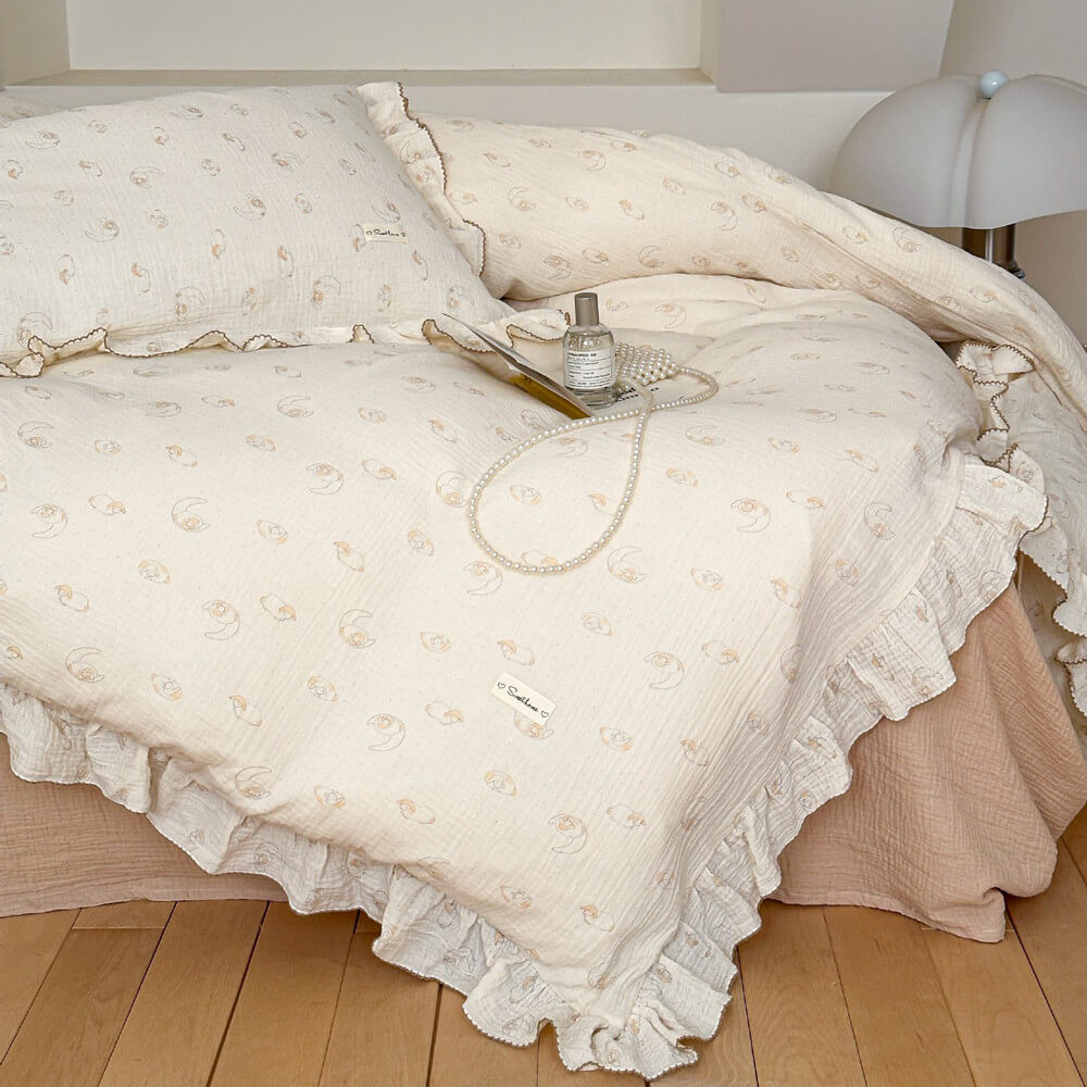 Lamb Print Duvet Cover Set – Ruffled Cotton Muslin