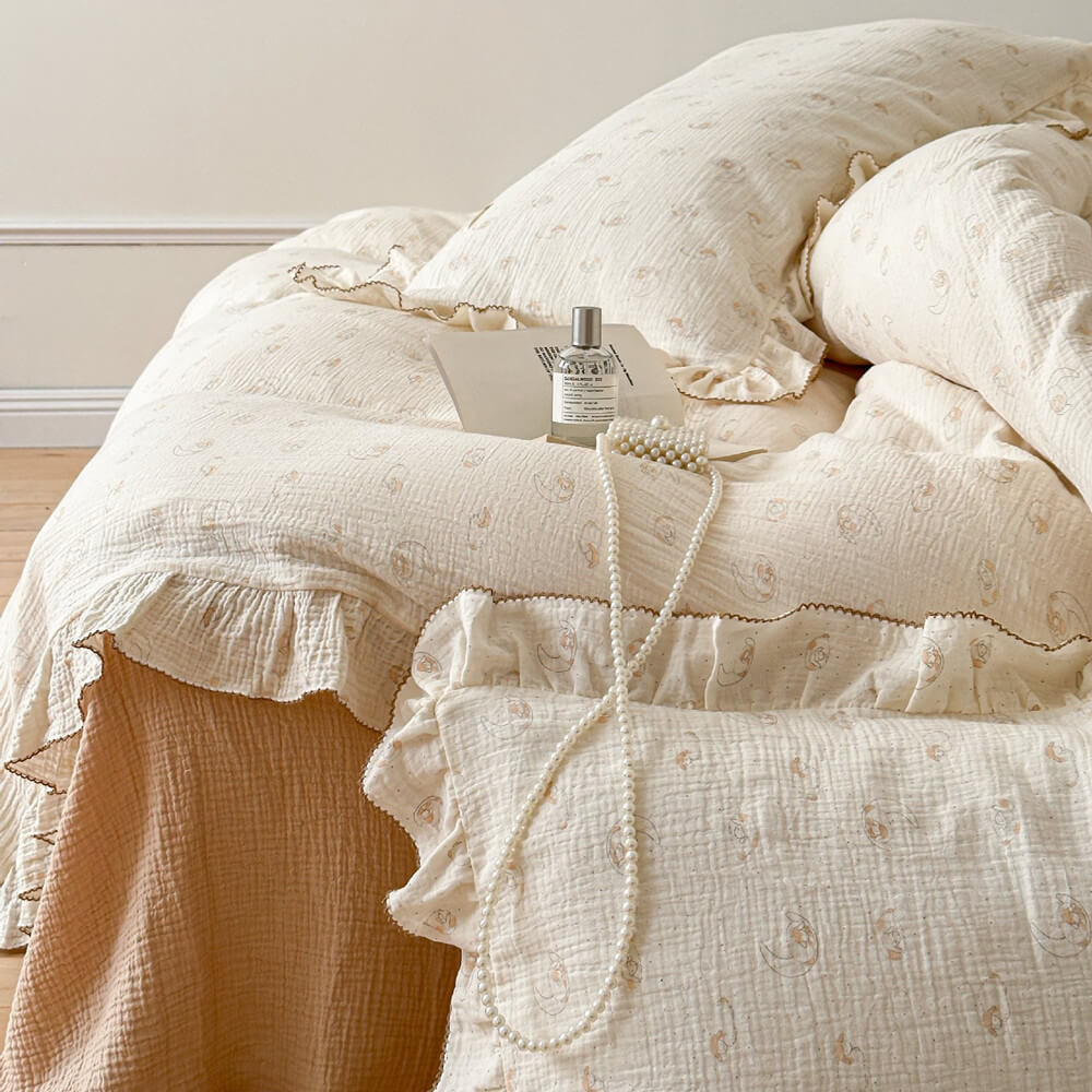 Lamb Print Duvet Cover Set – Ruffled Cotton Muslin