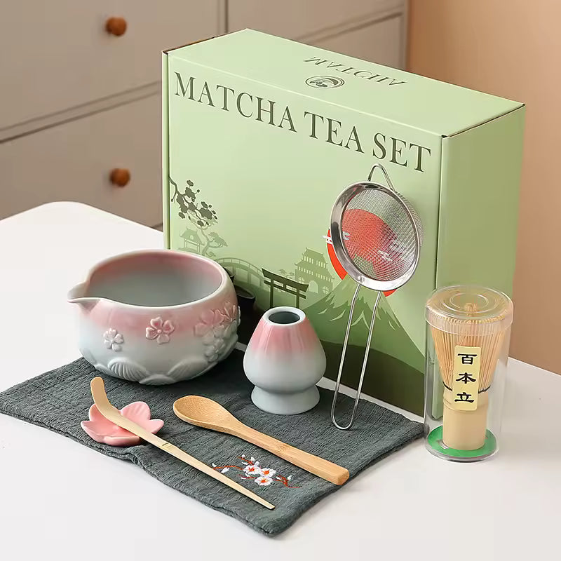 Cherry Blossom Matcha Tea Set Pink Gray
