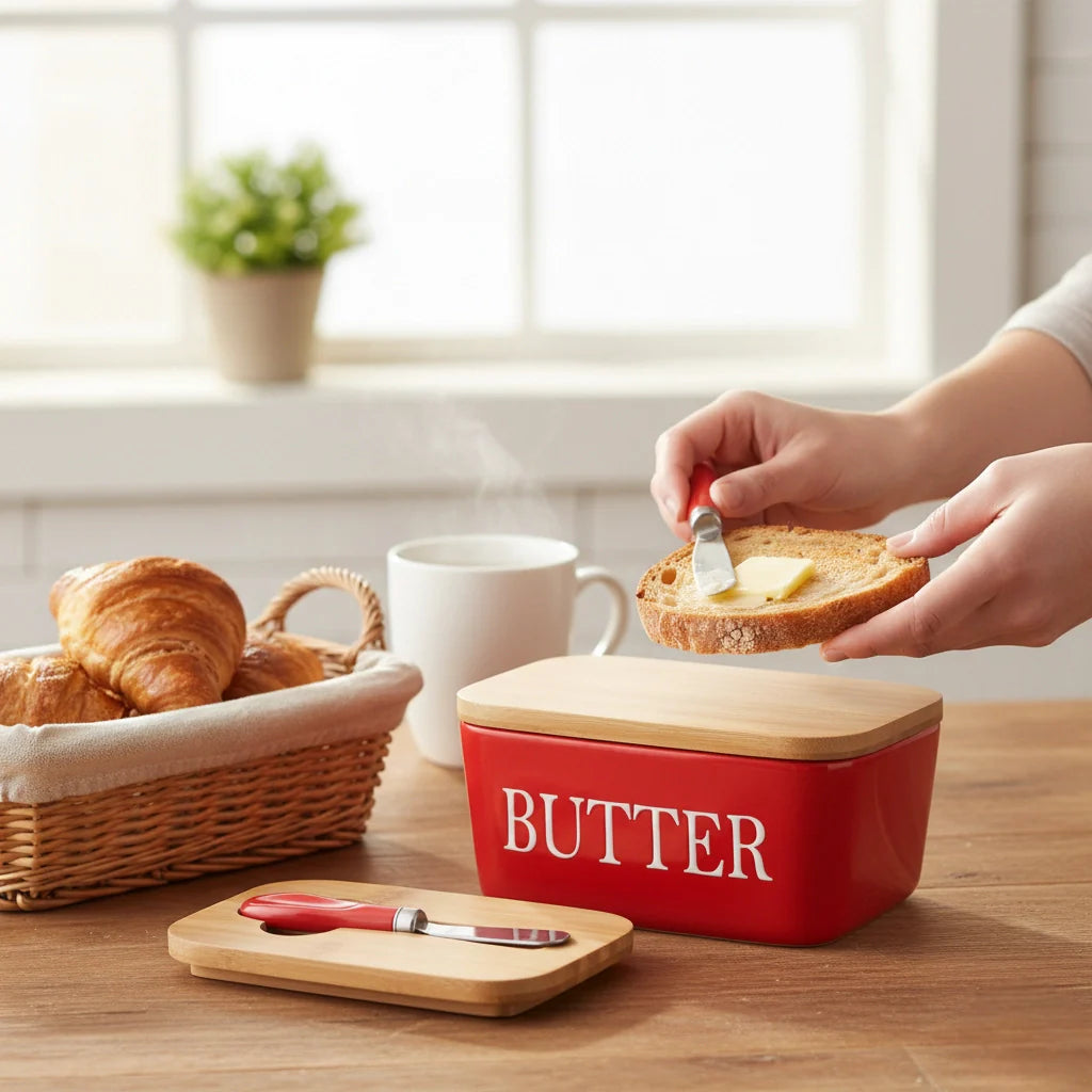 Ceramic Bamboo Butter Dish & Knife Set