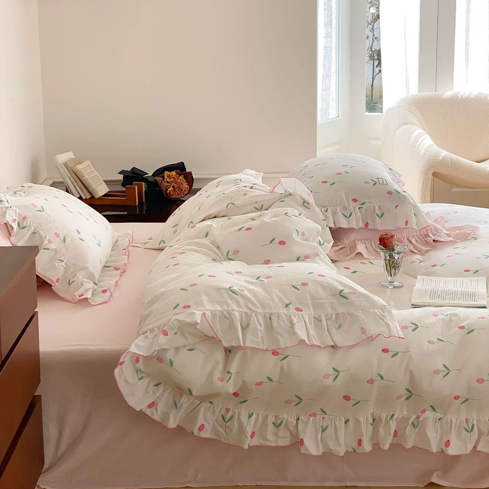 Pink Tulip Bedding Set – Cotton Muslin with Ruffle Trim