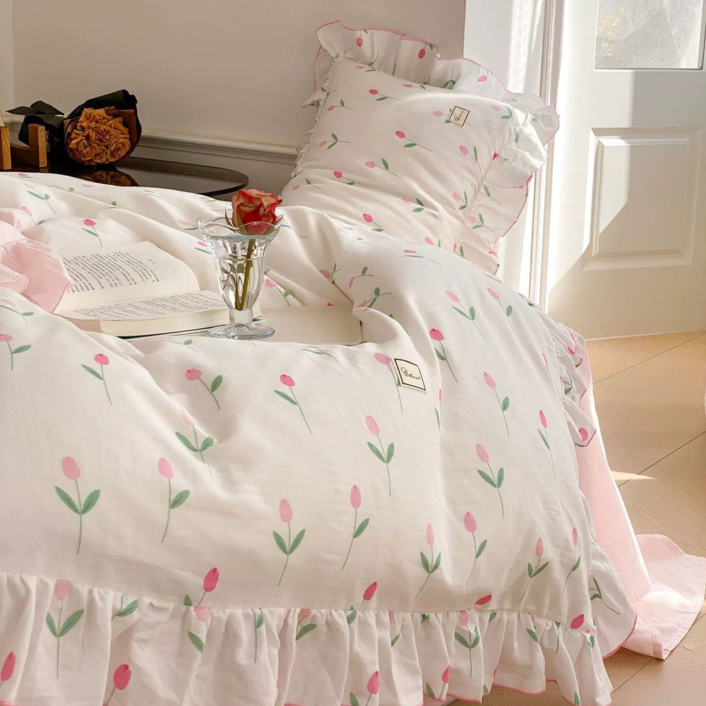 Pink Tulip Bedding Set – Cotton Muslin with Ruffle Trim