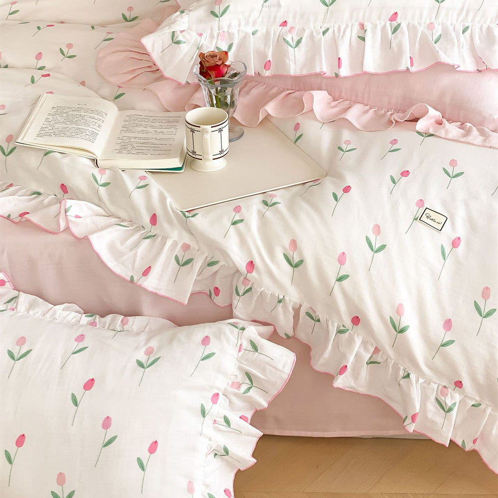 Pink Tulip Bedding Set – Cotton Muslin with Ruffle Trim
