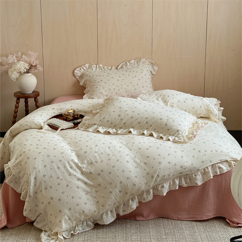 Small Pink Floral Duvet Cover Set - Cotton Muslin