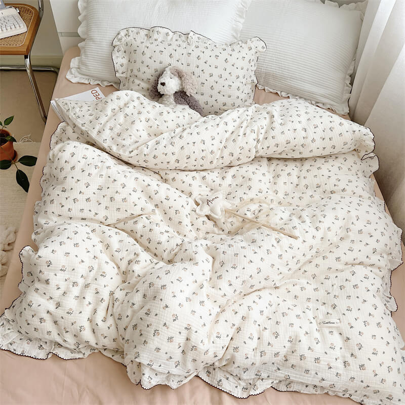 Rose Floral Duvet Cover Set – Ruffled Cotton Muslin