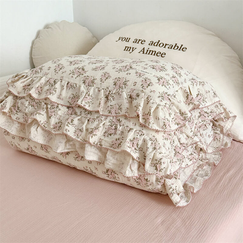 Pink Rose Ruffle Bedding Set – Breathable Cotton Gauze
