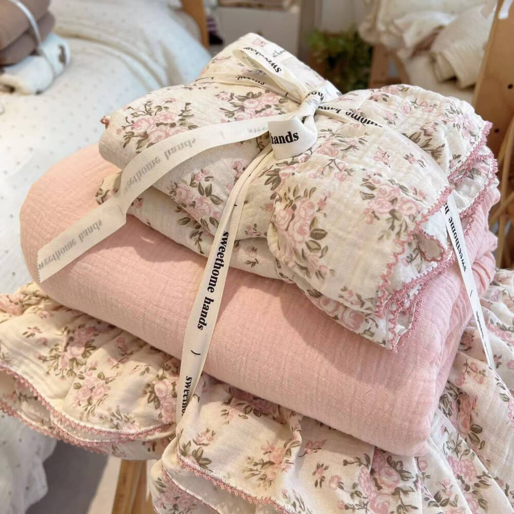 Rosebud Pink Floral Duvet Cover Set – Ruffled Cotton Muslin