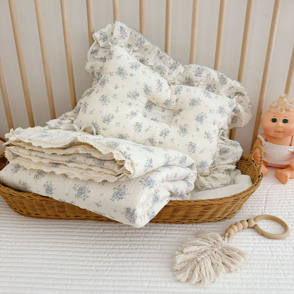 Blue Bouquet Toddler Comforter – Cotton Muslin with Lace Trim