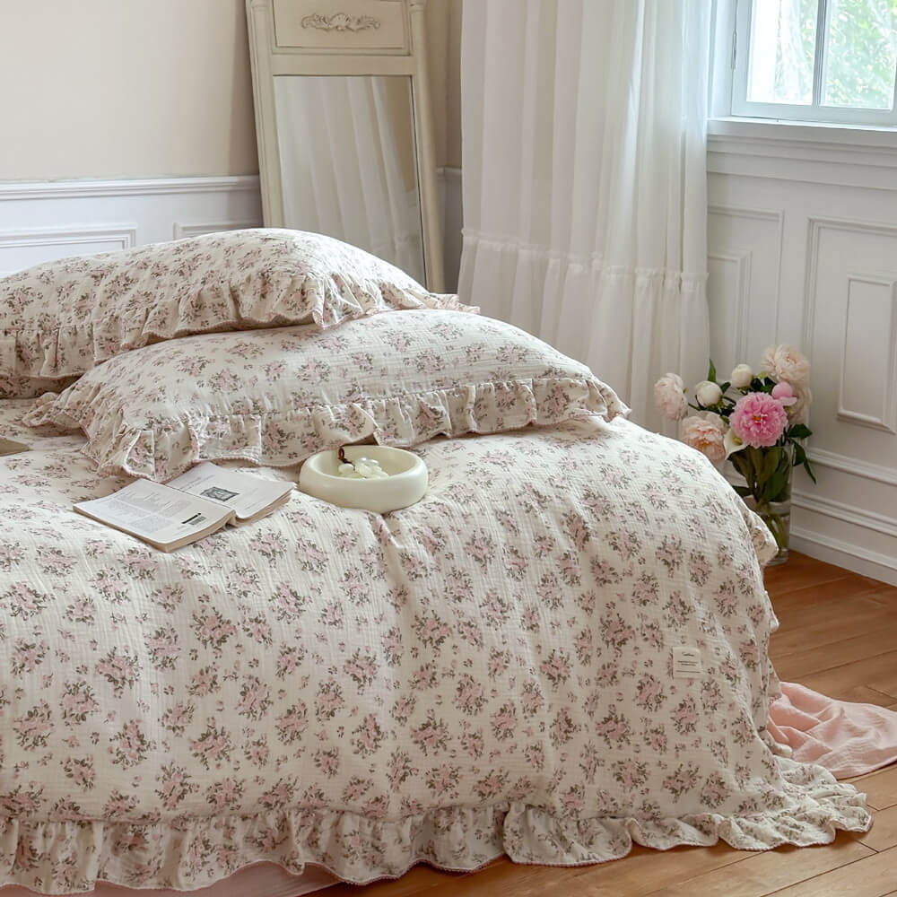 Rosebud Pink Floral Duvet Cover Set – Ruffled Cotton Muslin