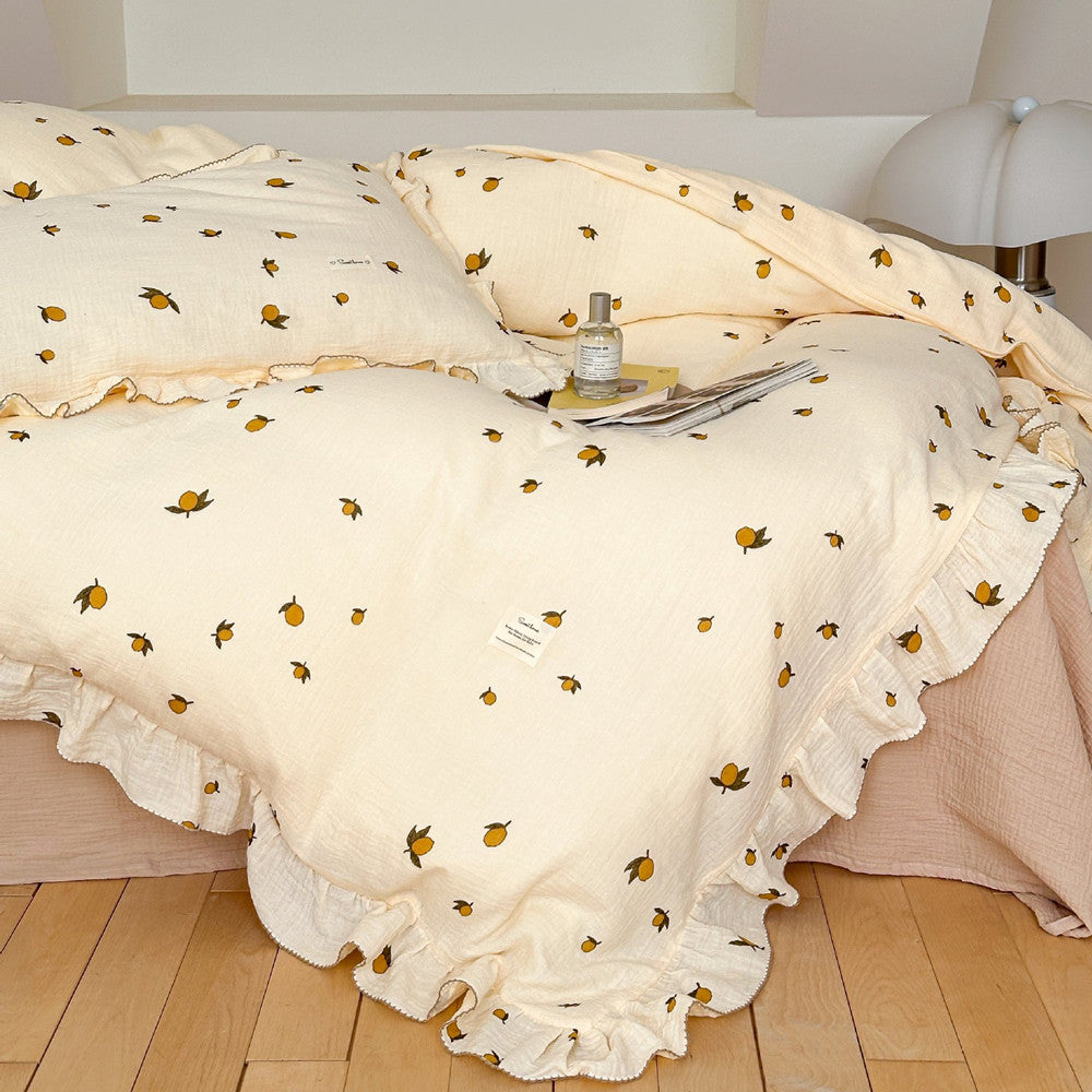 Zesty Lemon Cotton Muslin Duvet Cover Set – Ruffle Trim Bedding