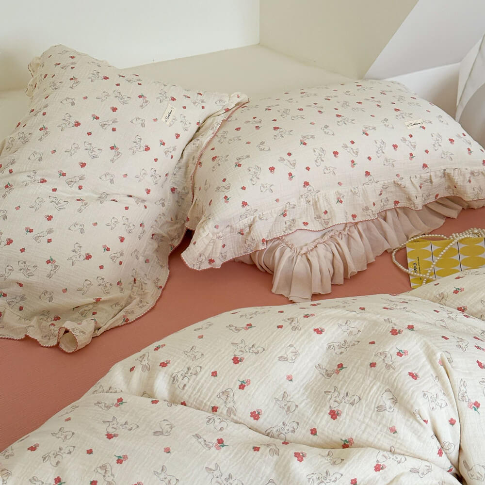Bunny & Floral Duvet Cover Set – Cotton Muslin with Ruffles