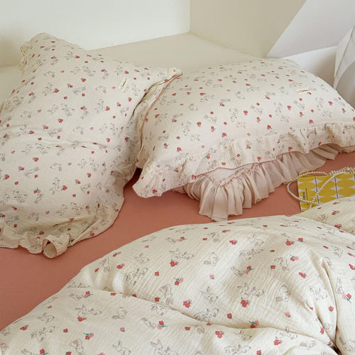 Bunny & Floral Duvet Cover Set – Cotton Muslin with Ruffles