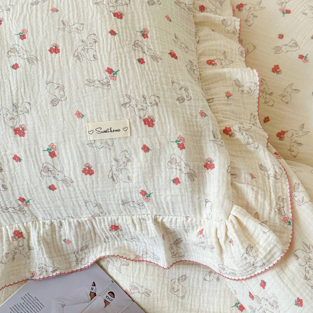 Bunny & Floral Duvet Cover Set – Cotton Muslin with Ruffles