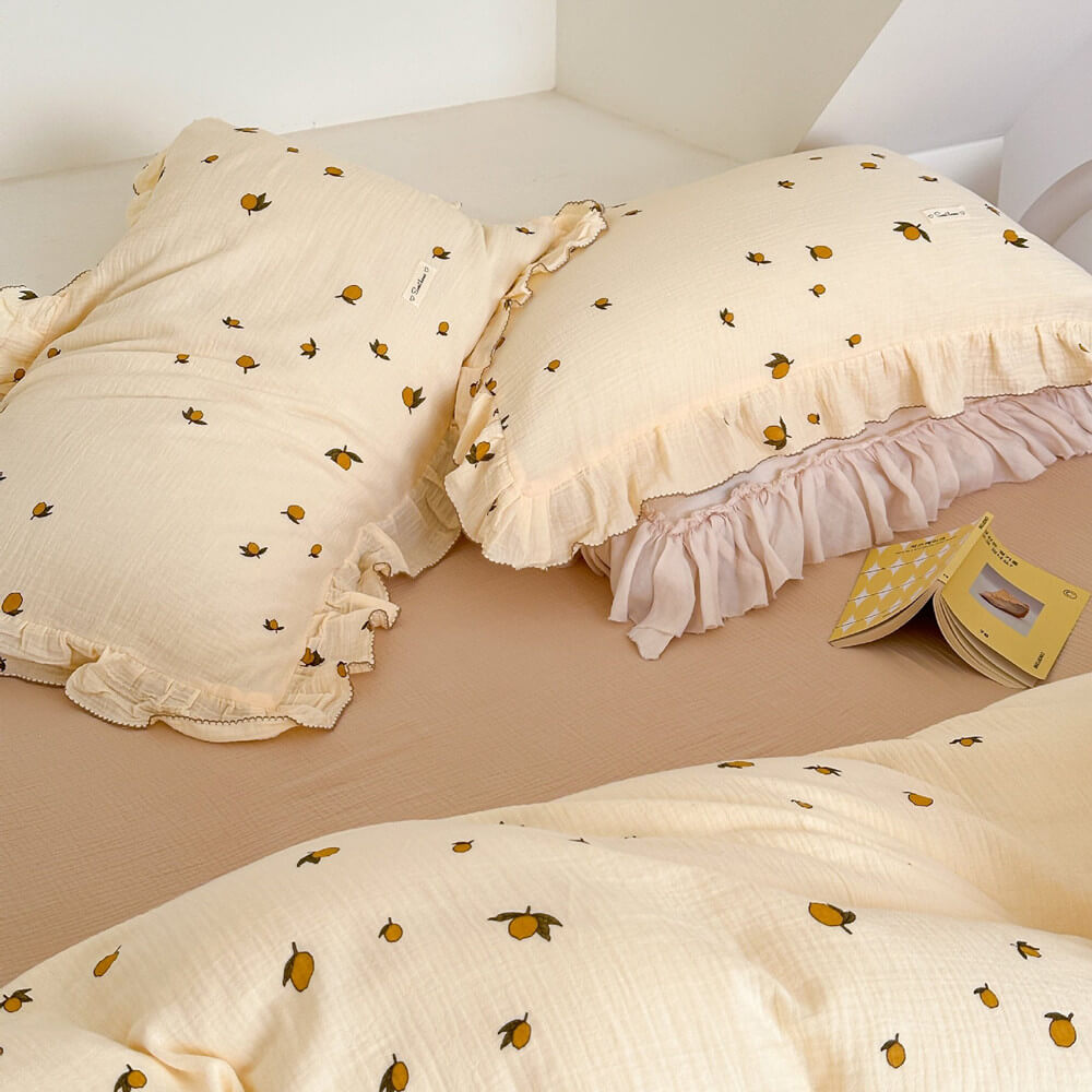 Zesty Lemon Cotton Muslin Duvet Cover Set – Ruffle Trim Bedding