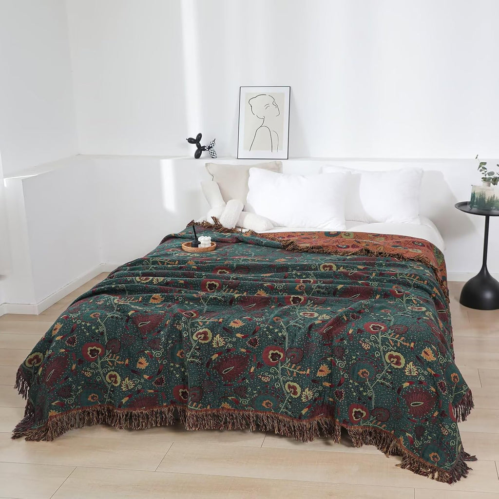 Vintage Cotton Gauze Blanket - Floral Couch Cover with Fringe