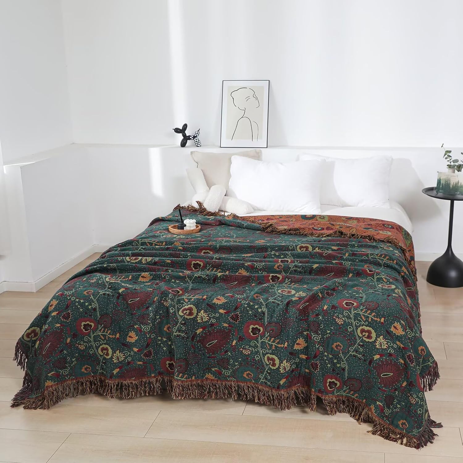 Vintage Cotton Gauze Blanket - Floral Couch Cover with Fringe