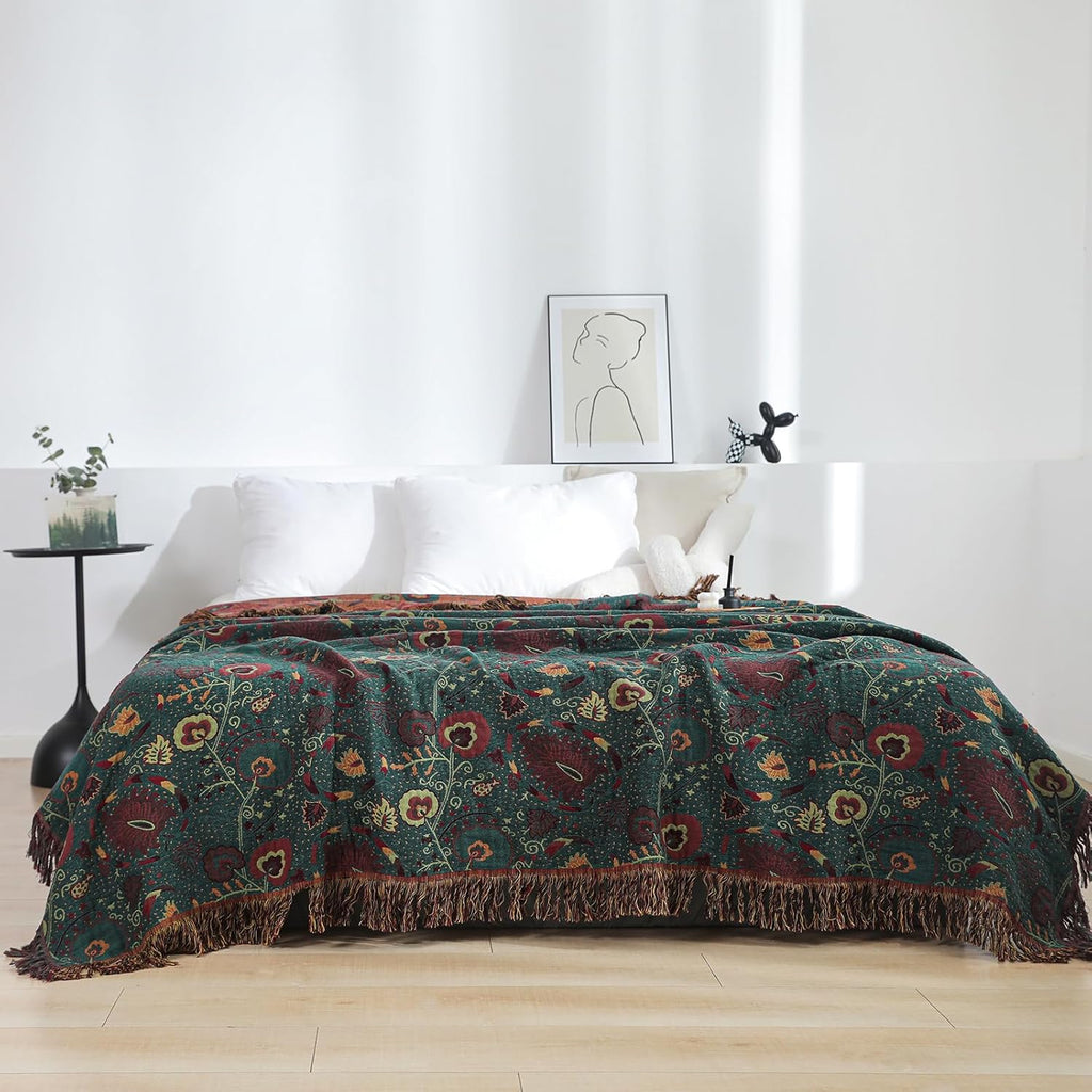 Vintage Cotton Gauze Blanket - Floral Couch Cover with Fringe